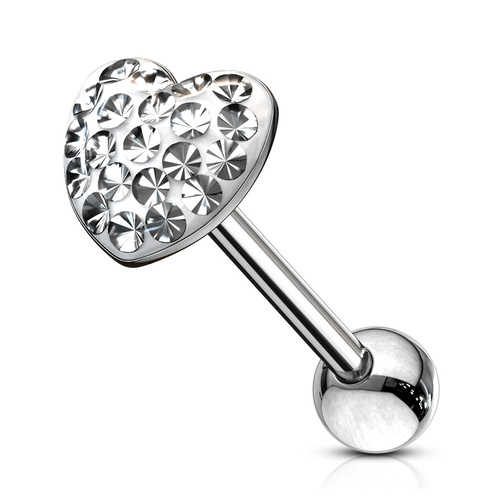 Heart shaped Tongue Barbell Piercing Jewelry CLEAR Crystal Ball paved epoxy coated surgical steel