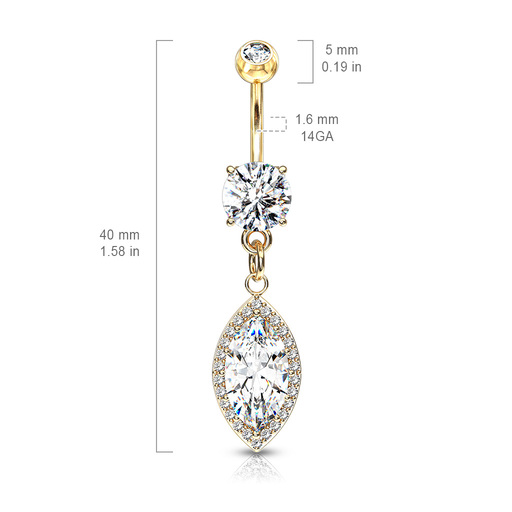 Marquise shaped Large Cubic Zirconia Crystal stone and paved Dangly GOLD plated Surgical Steel Belly Navel Piercing Jewelry with measurements