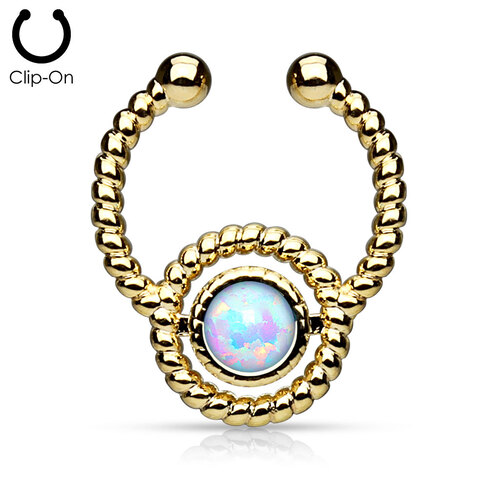 Roped Circle with WHITE OPAL GOLD rhodium ion plated brass non-piercing fake septum hanger