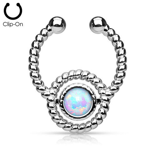 Roped Circle with WHITE OPAL STEEL rhodium ion plated brass non-piercing fake septum hanger