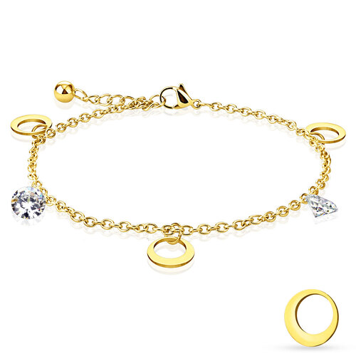 Adjustable Gold Plated Stainless Steel Anklet with Zirconia Stones and Open Circle Charms