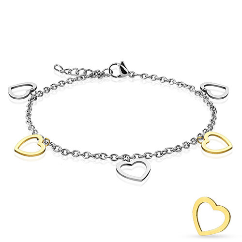 Adjustable Stainless Steel Anklet with Steel and Gold Plated Open Heart Charms